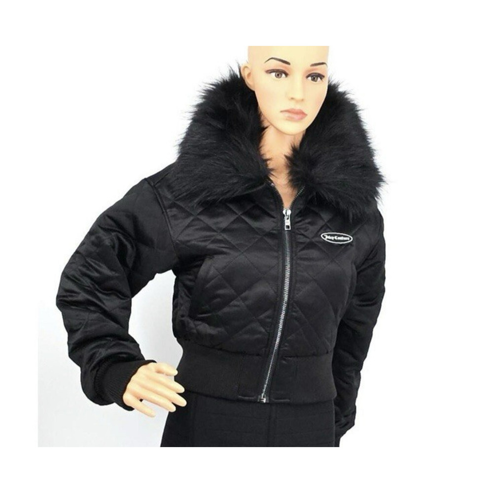 Juicy Couture Aviator Quilted Bomber Jacket Size M Black Faux Fur Collar Y2K Gla